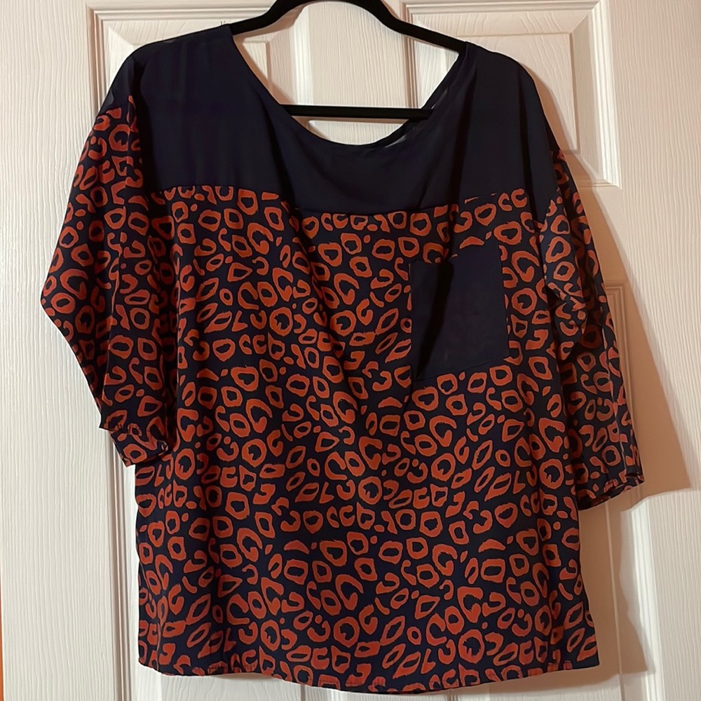 Navy & Orange Animal Print Blouse - Medium